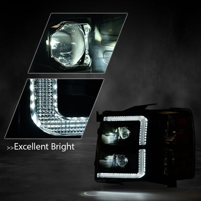 G-PLUS LED Tube Dual Projector Headlights Assembly, Fit Chevy Silverado 2500 3500 & HD 2007-2014/Fit Chevy Silverado 2007-2013,Headlamps Clear Lens Black Housing Amber Reflector,faros delanteros