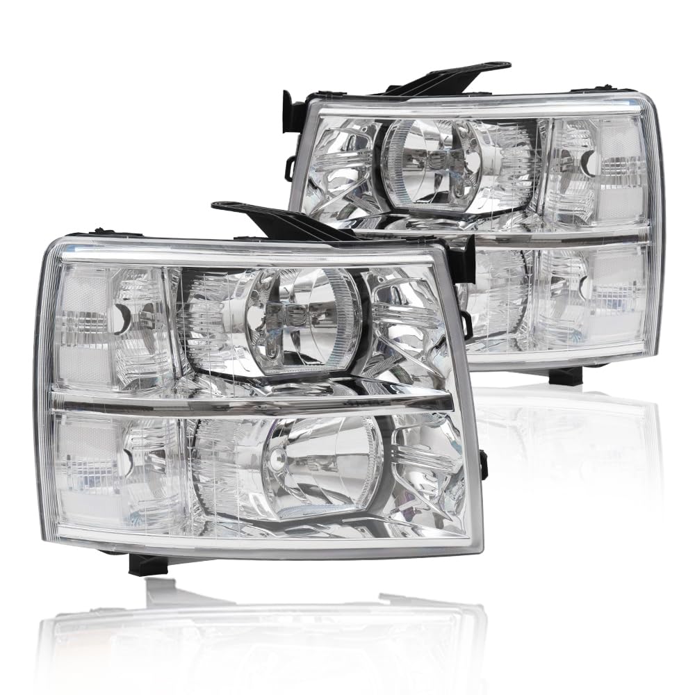 G-PLUS Headlights Assembly Fit Chevy Silverado 1500 2007-2013/Fit Silverado 2500 3500 & HD 2007-2014,NOT 07 Old Body Classic,Clear Lens Chrome Housing Clear ReflectorBumper Headlamps,faros delanteros