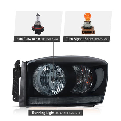 G-PLUS Headlights Assembly w/Bulbs Light Bar Left and Right Side Compatible with Dodge Ram 1500 2006-2008/Fit Dodge Ram 2500 3500 2006-2009 Smoke Lens Black Housing Clear Reflector