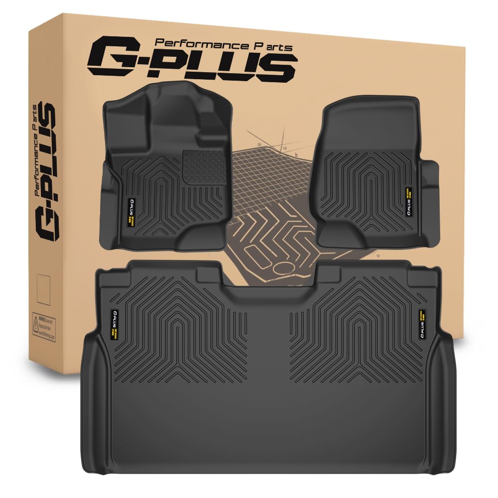 G-PLUS Floor Mats Fit Ford F150 SuperCrew 2015-2025/F150 Lightning 2022-2025 SuperCrew(w/o Fold Flat Storage), TPE Custom Fit All Weather Front & 2nd Row Floor Liners Truck Mats,3PCS Black