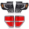 G-PLUS LED DRL Headlights & Tail Lights Compatible with 2009-2014 Ford F150 Tube Dual Projector Headlamps Assembly (Clear Lens Black Housing Amber Reflector Headlamps + Tail Lights)