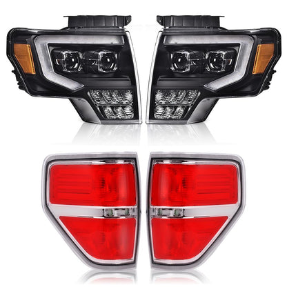 G-PLUS LED DRL Headlights & Tail Lights Compatible with 2009-2014 Ford F150 Tube Dual Projector Headlamps Assembly (Clear Lens Black Housing Amber Reflector Headlamps + Tail Lights)