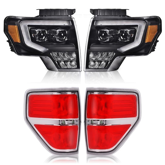 G-PLUS LED DRL Headlights & Tail Lights Compatible with 2009-2014 Ford F150 Tube Dual Projector Headlamps Assembly (Clear Lens Black Housing Amber Reflector Headlamps + Tail Lights)