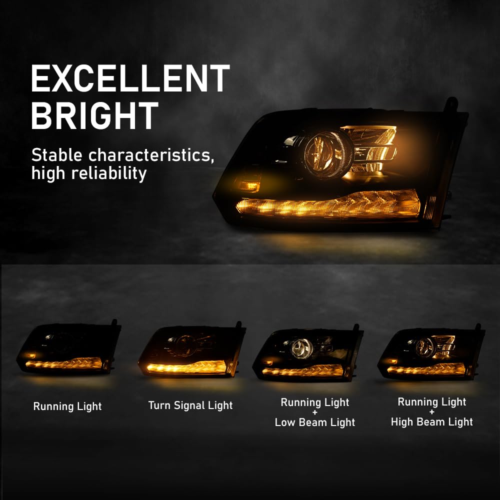 G-PLUS LED Projector Headlights Assembly Fit 2009-2012 Dodge Ram 1500 2500 3500,Front Headlamps Left& Right,Headlight Clear Lens Black Housing Amber Reflector,faros delanteros