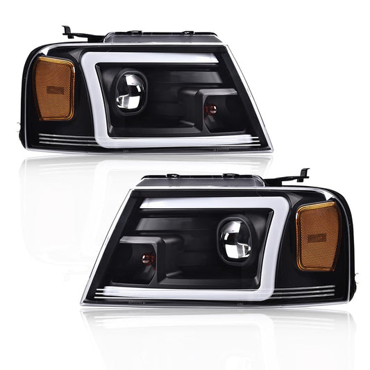 G-PLUS LED DRL Headlights Pair, Fit For 2004-2008 Ford F150/Fit 2006-2008 Lincoln Mark Lt(NOT Fit for 04 F150 Heritage/Flareside Beds Models), Clear lens Black Housing Amber Reflector