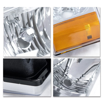 G-PLUS Headlights Assembly + Tail Lights Fit Chevy Silverado 1500 1500 HD 2500 2500 HD 2003-2006, Clear Lens Chrome Housing Amber Reflector Headlamps Assembly Dark Red Taillights