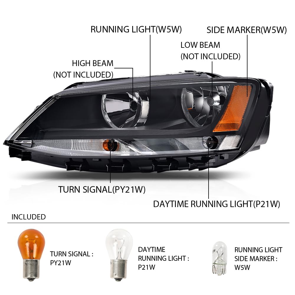 G-PLUS Headlights Headlamps w/Bulbs Compatible with Volkswagen Jetta 2011-2018 Left Right VW2502146, VW2503146 Clear Lens Black Housing Amber Reflector