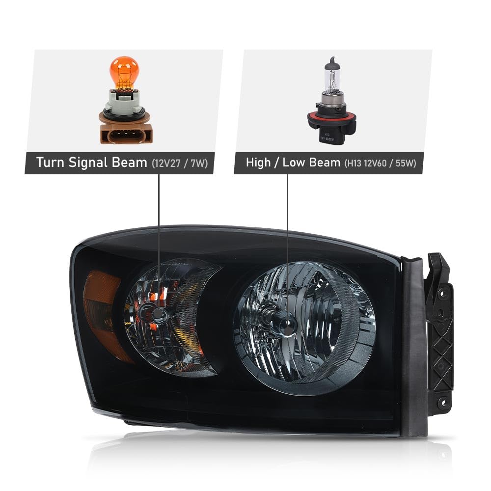 G-PLUS Headlights Assembly Left and Right Side Compatible with Dodge Ram 1500 2006-2008/Fit Dodge Ram 2500 3500 2006-2009 Smoke Lens Black Housing Amber Reflector 68003125AD 68003124AD