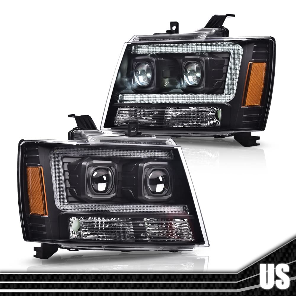G-PLUS LED Tube Dual Projector Headlights, Compatible with 2007-2014 Chevy Tahoe/Suburban Bumper Headlamps Assembly, Clear Lens Black Housing Amber Reflector,faros delanteros