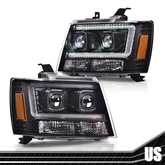 G-PLUS LED Tube Dual Projector Headlights, Compatible with 2007-2014 Chevy Tahoe/Suburban Bumper Headlamps Assembly, Clear Lens Black Housing Amber Reflector,faros delanteros