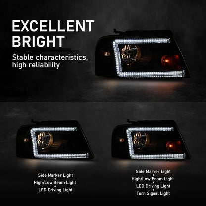G-PLUS LED Headlights Fit Ford F150 2004-2008,Fit Lincoln Mark LT 2006-2008, NOT Fit 2004 F150 Heritage/Flareside Beds,Clear Lens Black Housing Clear ReflectorBumper Headlamps,faros delanteros