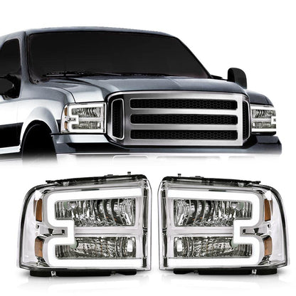 G-PLUS LED Headlights Compatible with Ford F250 F350 F450 F550 Super Duty 2005-2007 DRL BAR Headlamps Clear Lens Chrome Housing Amber Reflector,faros delanteros