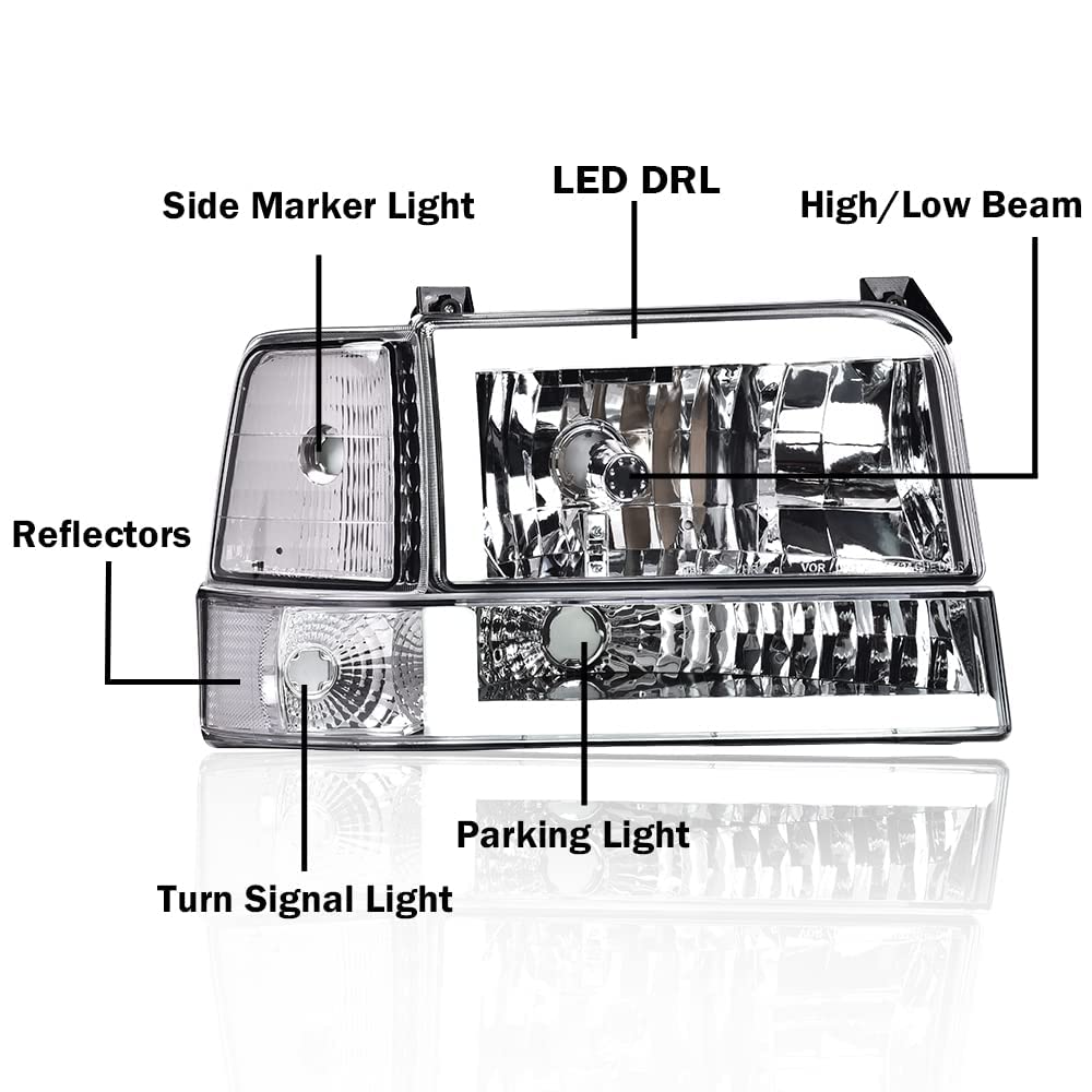 G-PLUS LED DRL Headlights, Compatible with 1992-1996 Ford Bronco F150 F250 F350(Fits Models with Halogen Headlights Only) Bumper Headlamp, Smoky lens Black Housing Clear Reflector