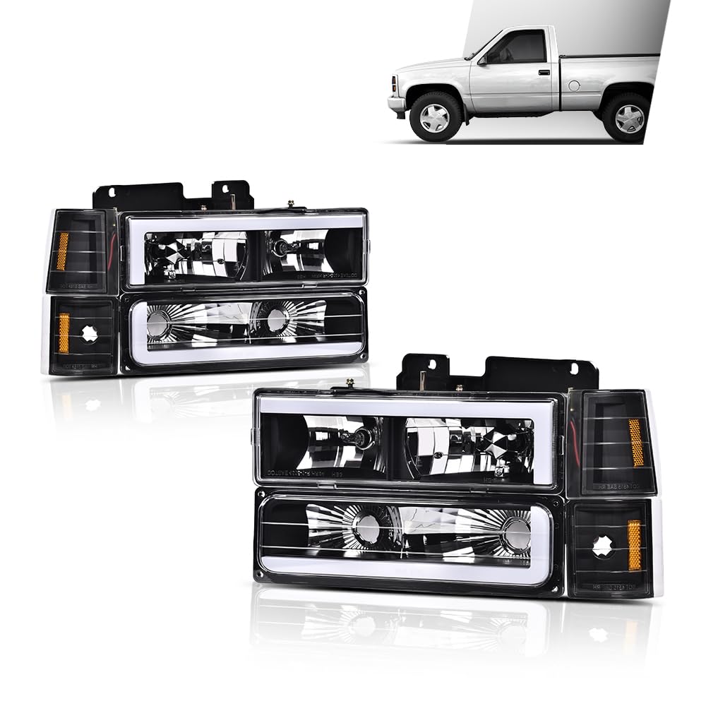 G-PLUS LED Headlights Assembly w/Bulbs Fit GMC C1500 K1500 Yukon 1994-1999, Fit GMC C2500 C3500 K2500 K3500 1994-2000, Left & Right Headlamps Assembly, Clear Lens Black Housing Amber Reflector