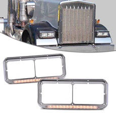 G-PLUS Headlight Visors 2PCS Chrome Clear Lens Amber LED Strips Front View