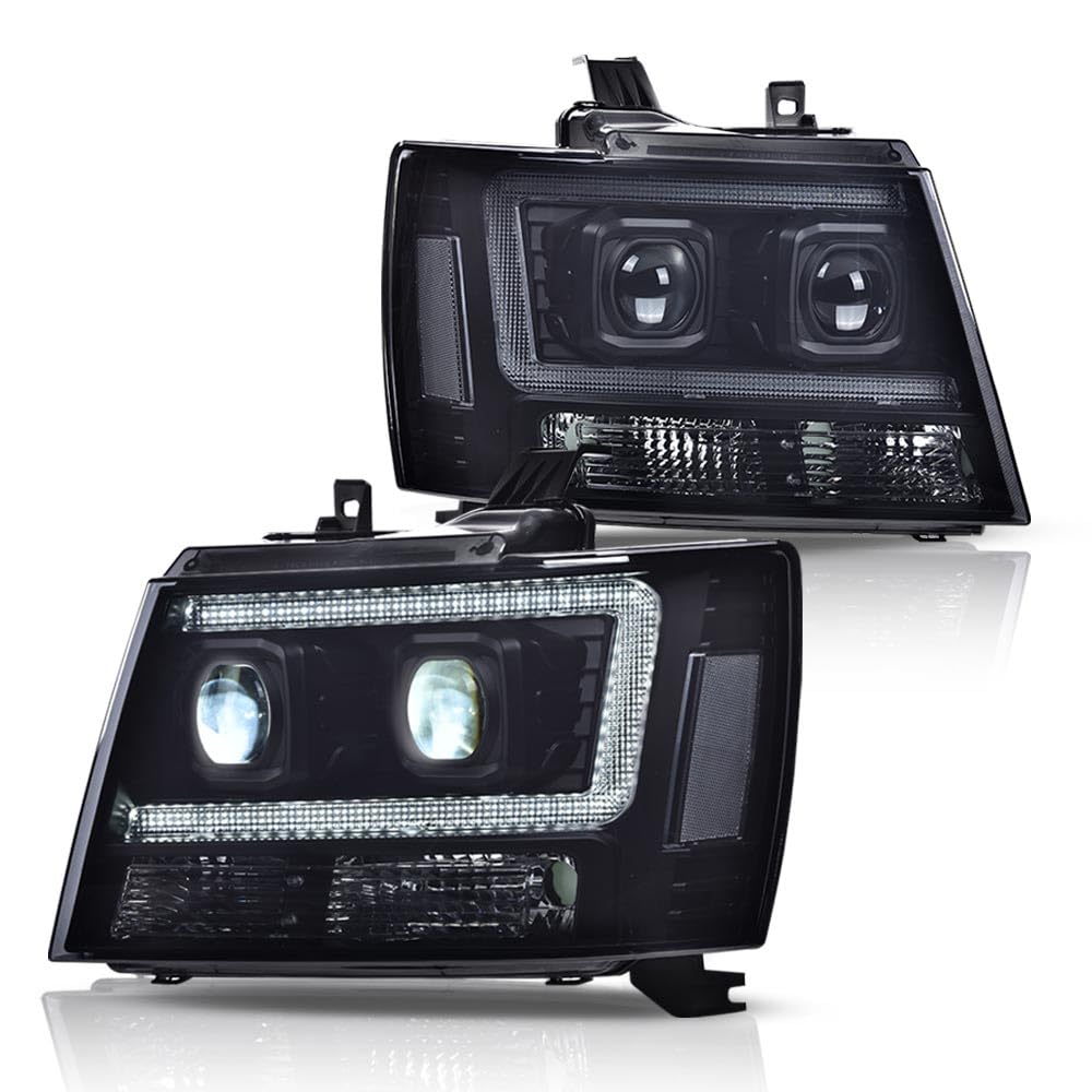 G-PLUS LED Headlights Assembly Fit Chevy Tahoe Avalanche Subarban 1500 2500 2007-2014 DRL Corner Turn Signal Headlamps Set Pair Left & Right Smoky Lens Black Housing Clear Reflector,faros delanteros