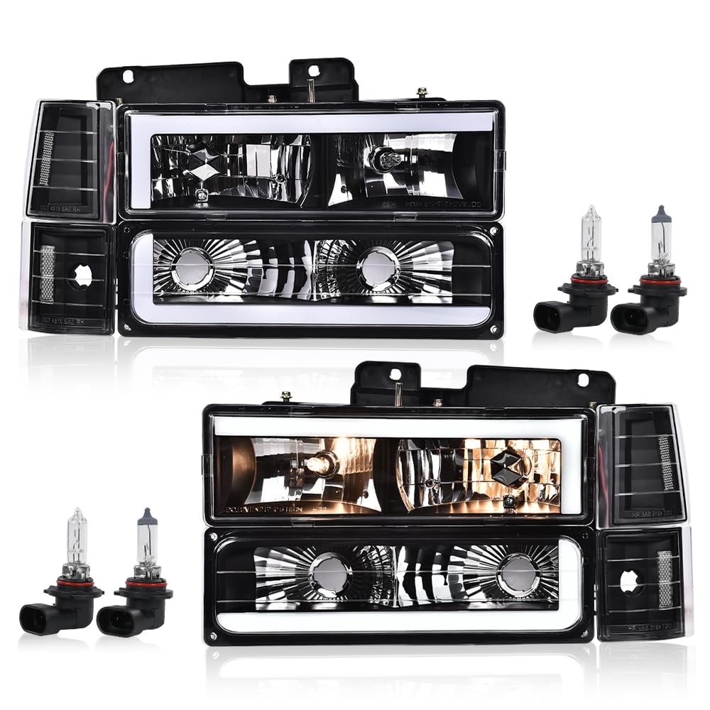 G-PLUS LED Headlights Assembly w/Bulbs Fit GMC C1500 K1500 Yukon 1994-1999, Fit GMC C2500 C3500 K2500 K3500 1994-2000, Left & Right Headlamps Assembly, Clear Lens Black Housing Clear Reflector