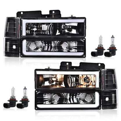 G-PLUS LED Lights Strip Headlight Bumper Lamp w/Bulb Compatible with GMC C1500 C2500 K1500 K2500 Suburban 1994-1999/Fit GMC C2500 C3500 K2500 K3500 1994-2000 Clear Lens Black Housing Clear Reflector