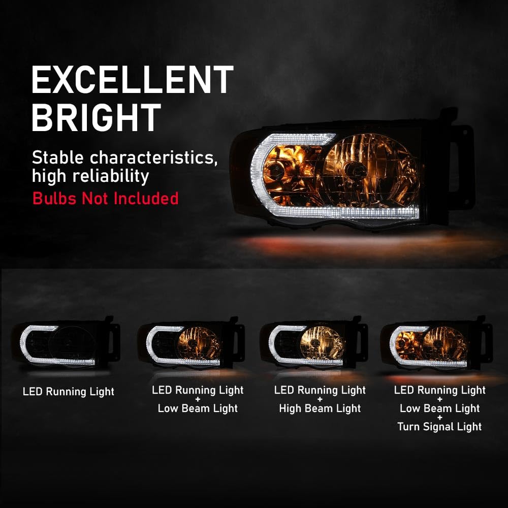 G-PLUS LED Headlights Headlamps Compatible with Dodge Ram 1500 2002-2005,Compatible with Dodge Ram 2500 3500 2003-2005 Chrome Clear Lens Clear Housing Amber Reflector,faros delanteros Assembly