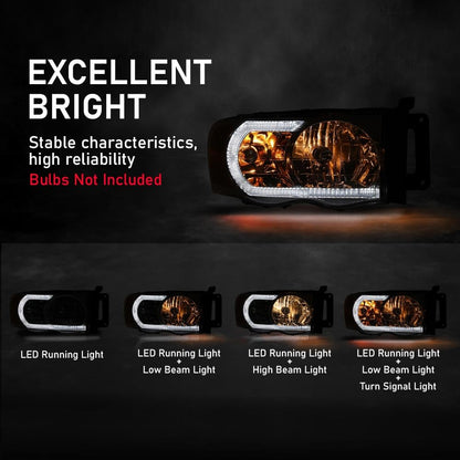 G-PLUS LED Headlights Headlamps Compatible with Dodge Ram 1500 2002-2005,Compatible with Dodge Ram 2500 3500 2003-2005 Chrome Clear Lens Clear Housing Amber Reflector,faros delanteros Assembly