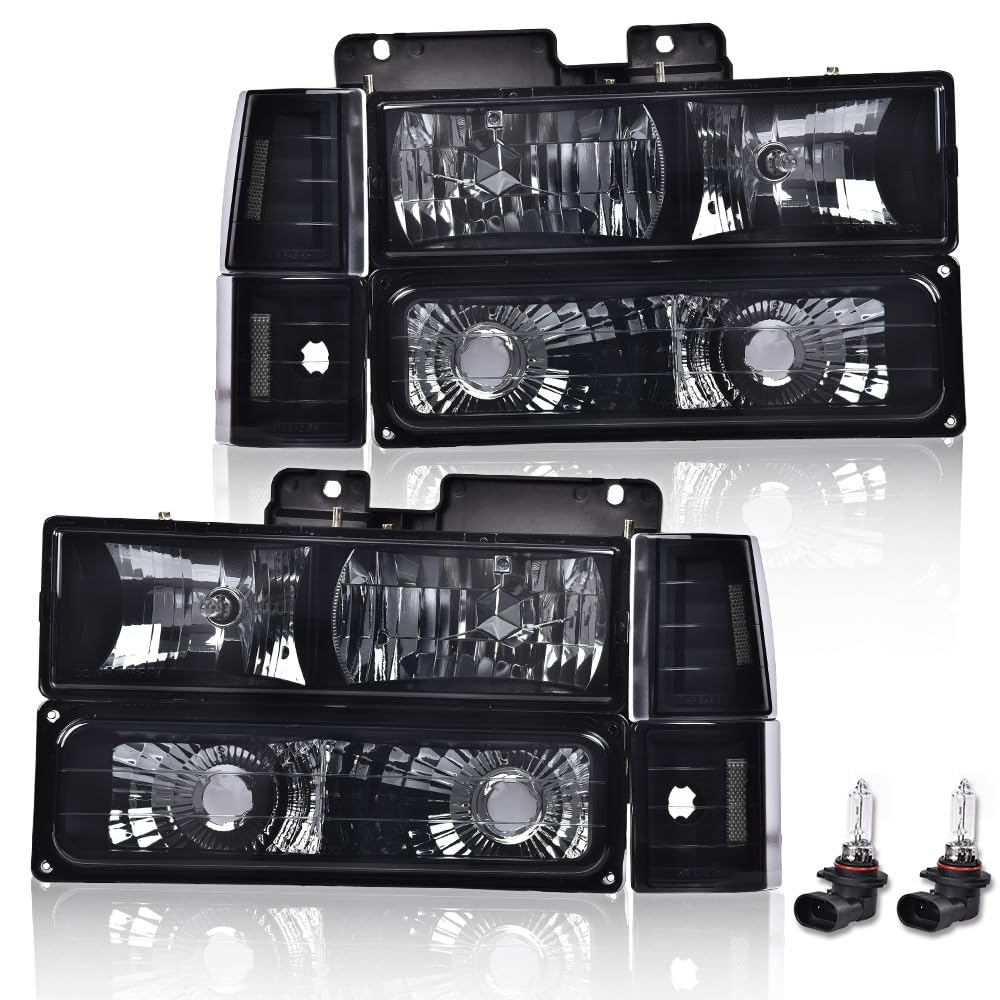 G-PLUS Headlights Assembly w/Bulbs Fit Chevy Suburban C1500 C2500 K1500 K2500 1994-1999, Fit GMC C2500 K2500 1994-2000, Left & Right Headlamps Assembly, Smoky Lens Black Housing Clear Reflector