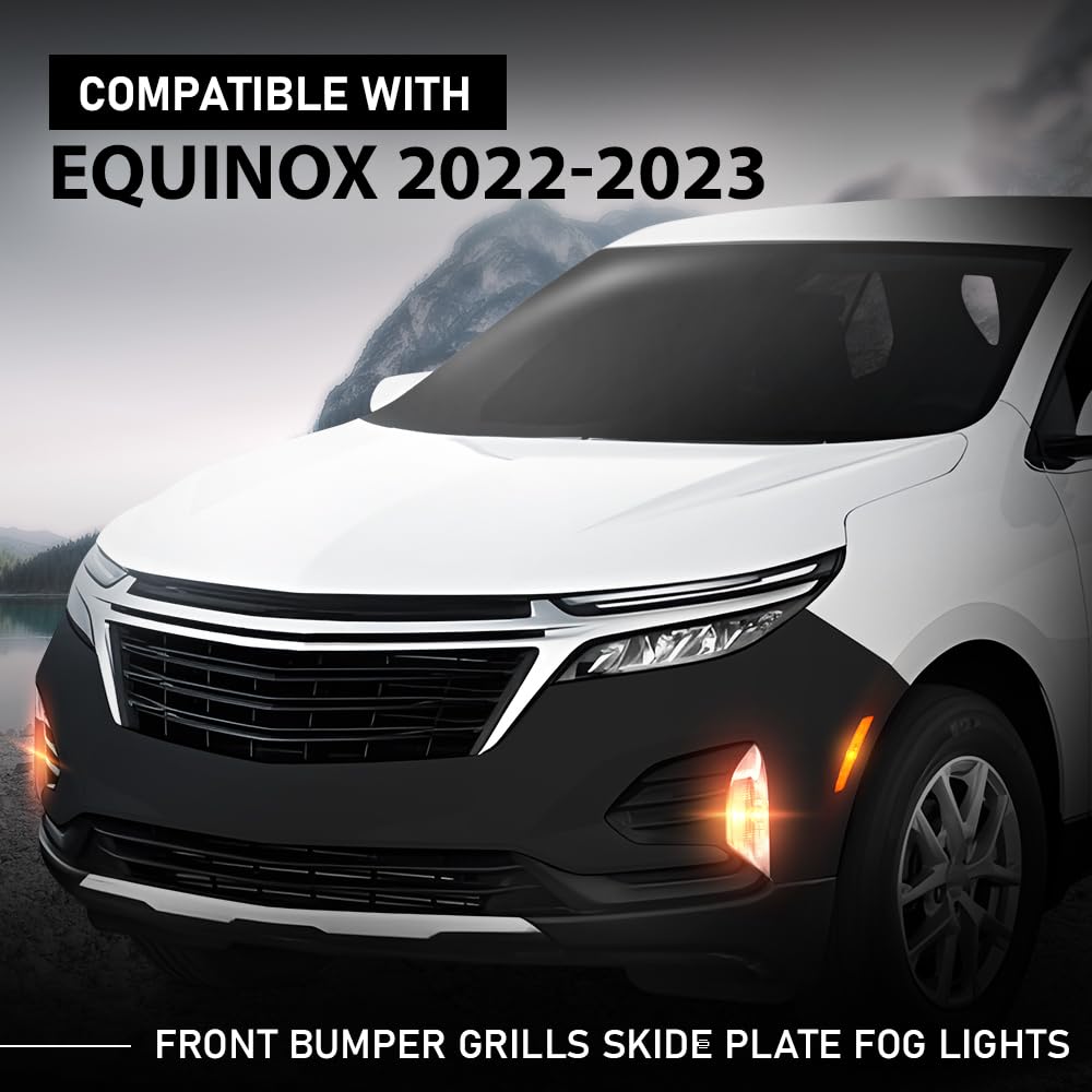 G-PLUS Front Upper + Lower Bumper Cover + Grills + Skid Plate + Fog Light + Tow Hook Compatible with Chevy Equinox 2022 2023 Front Bumper Cover Kit Grilles, Black