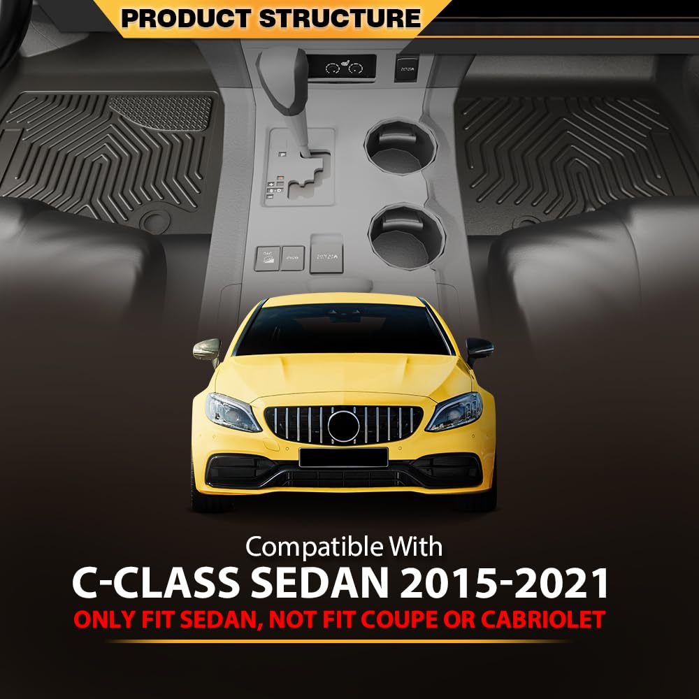 TPE Floor Mats Compatible with Benz C-Class Sedan 2015-2021 Only, Not Fit Coupe Or Cabriolet, 1st & 2nd Row All Weather Floor Mats Liner Cargo Liner Waterproof Black