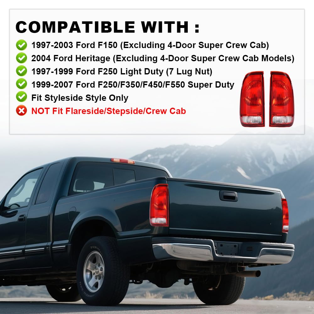 G-PLUS Pair Rear Tail Lights w/o Bulbs & Wire Harness Fit Ford F150 Stepside 1997-2004/ Fit Ford F250 1997-1999/ Fit F250 F350 F450 F550 Super Duty 1999-2007 F85Z13404CA faros traserosAssembly