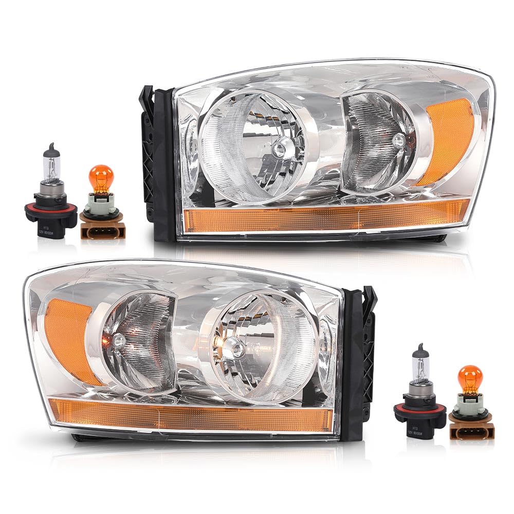 G-PLUS Headlights Assembly w/Bulbs Light Bar Left and Right Side Compatible with Dodge Ram 1500 2006-2008/Fit Dodge Ram 2500 3500 2006-2009 Clear Lens Chrome Housing Amber Reflector Faro