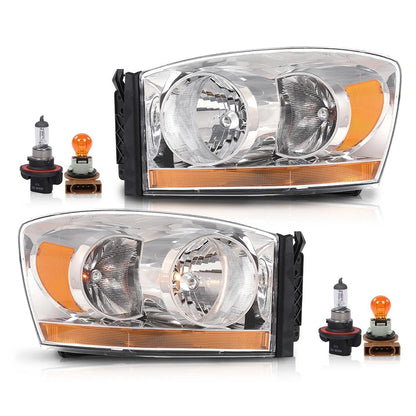 G-PLUS Headlights Assembly w/Bulbs Light Bar Left and Right Side Compatible with Dodge Ram 1500 2006-2008/Fit Dodge Ram 2500 3500 2006-2009 Clear Lens Chrome Housing Amber Reflector Faro