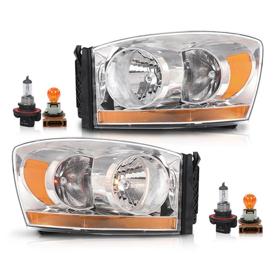 G-PLUS Headlights Assembly w/Bulbs Light Bar Left and Right Side Compatible with Dodge Ram 1500 2006-2008/Fit Dodge Ram 2500 3500 2006-2009 Clear Lens Chrome Housing Amber Reflector Faro