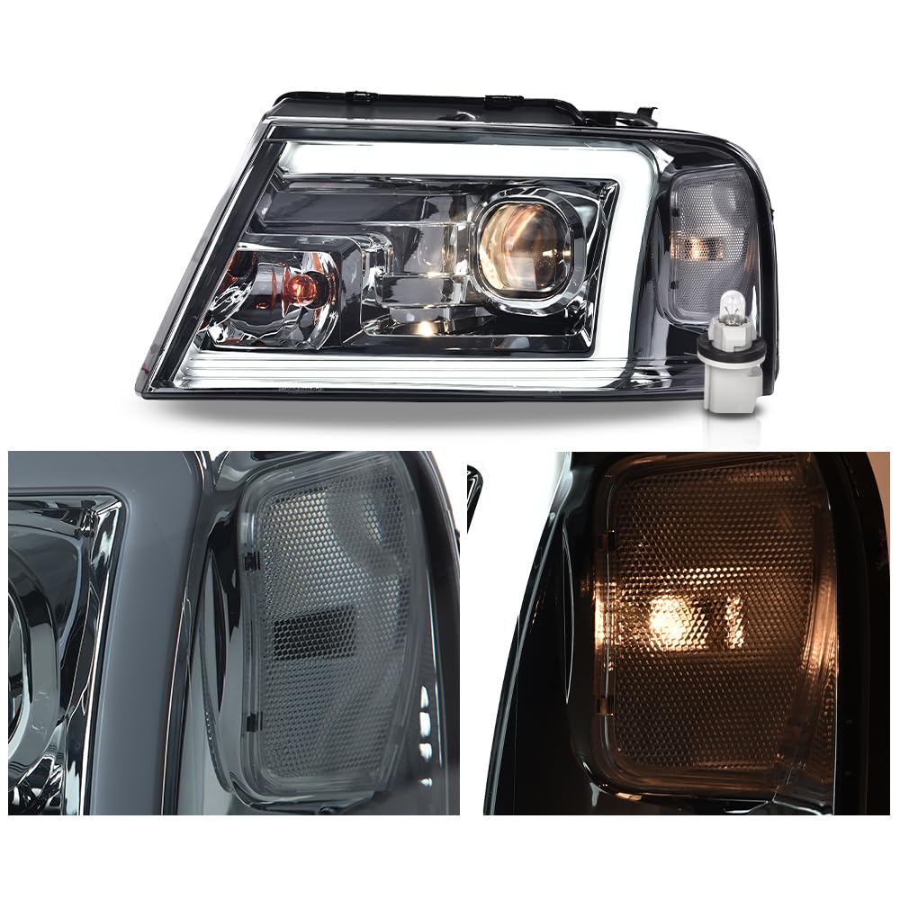 G-PLUS LED DRL Headlights Fit Ford F150 2004-2008,Fit Lincoln Mark Lt 2006-2008(NOT Fit 04 F150 Heritage/Flareside Beds), Headlamps Assembly,Smoky Lens Chrome Housing Clear Reflector