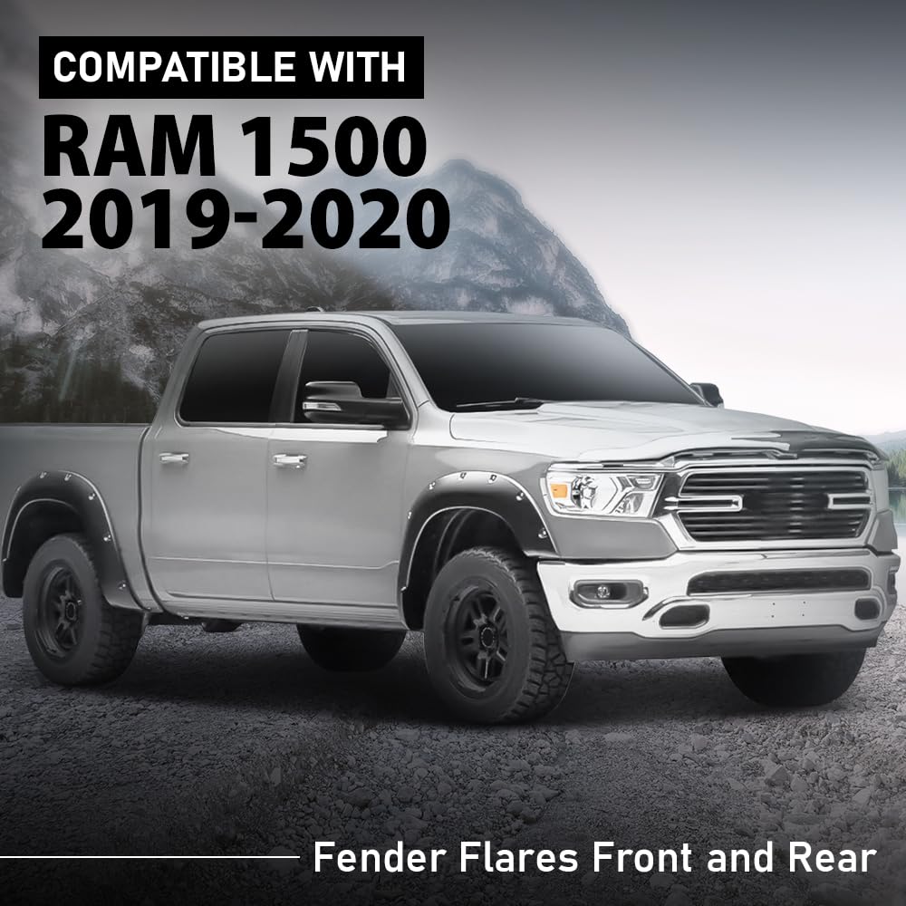 G-PLUS Fender Flares Pocket Riveted Compatible with Dodge Ram 1500 2WD/4WD 2019 2020 2021 2022 2023 NOT Fit Rebel Models Wheel Opening Molding Arch Trim 4PCS Black