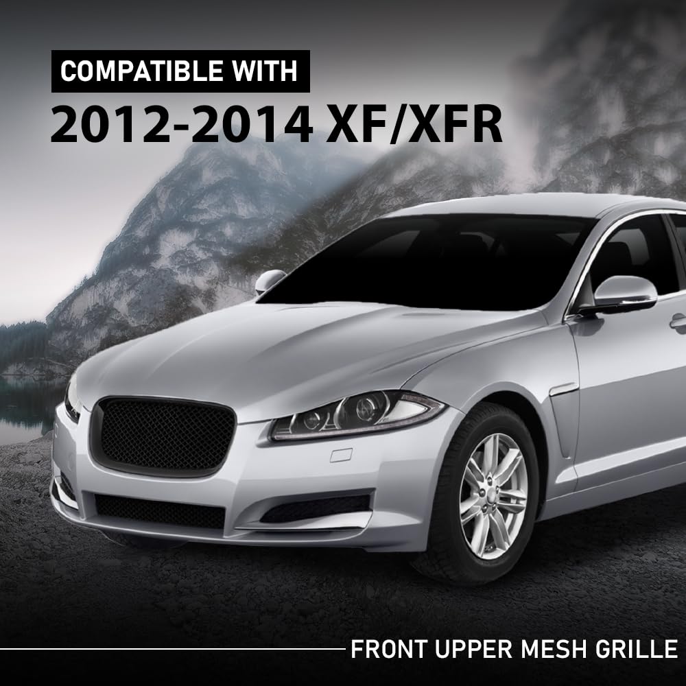 G-PLUS Front Center Upper Mesh Grille W/Emblem Compatible with Jaguar XF XFR 2012-2015 Gloss Black Grill