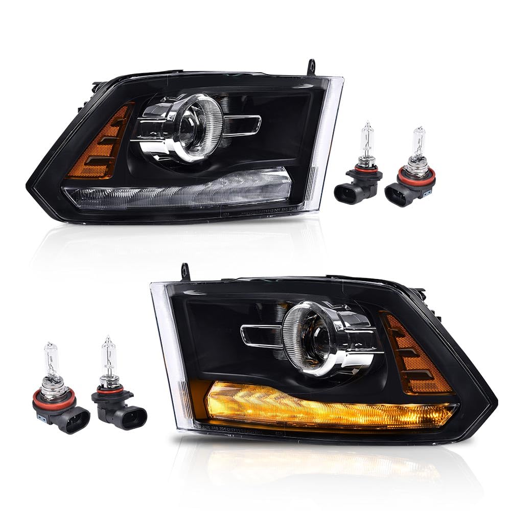 G-PLUS LED Bar Plank Style Headlights Fit for Dodge Ram 1500 2500 3500 2013-2018 Projector Headlamp,Fit Models w/Dual Beam& Quad Beam Models,Clear lens Black Housing Amber Reflector