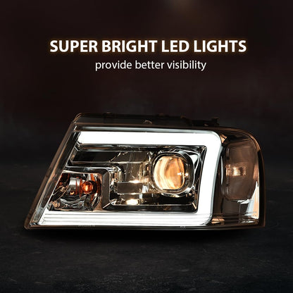 G-PLUS LED DRL Headlights, Fit 2004-2008 Ford F150/ 2006-2008 Lincoln Mark Lt(NOT Fit 2004 F150 Heritage/Flareside Beds), Clear Lens Chrome Housing Clear Reflector Bumper Headlamps