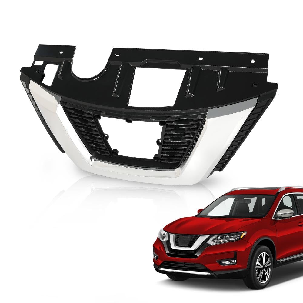 G-PLUS Front Upper Bumper Grille Assembly Chrome Trim Compatible with Nissan Rogue 2017 2018 2019 NI1200282, 623106FL0B