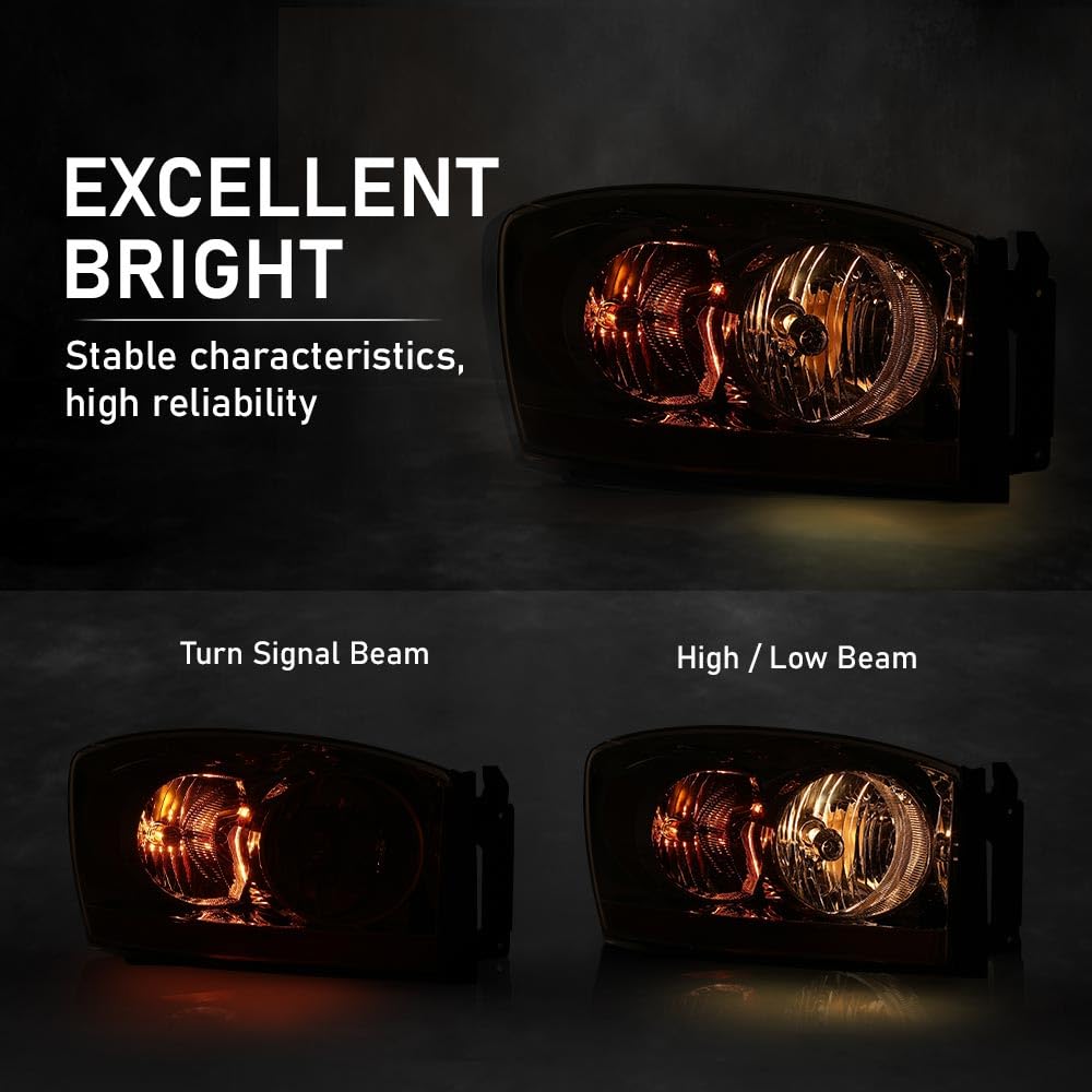 G-PLUS Headlights Assembly w/Bulbs Light Bar Right Passenger Side Compatible with Dodge Ram 1500 2006-2008/Fit Dodge Ram 2500 3500 2006-2009 Clear Lens Chrome Housing Amber Reflector 55077794AB