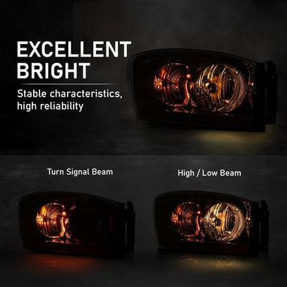 G-PLUS Headlights Assembly w/Bulbs Light Bar Right Passenger Side Compatible with Dodge Ram 1500 2006-2008/Fit Dodge Ram 2500 3500 2006-2009 Clear Lens Chrome Housing Amber Reflector 55077794AB