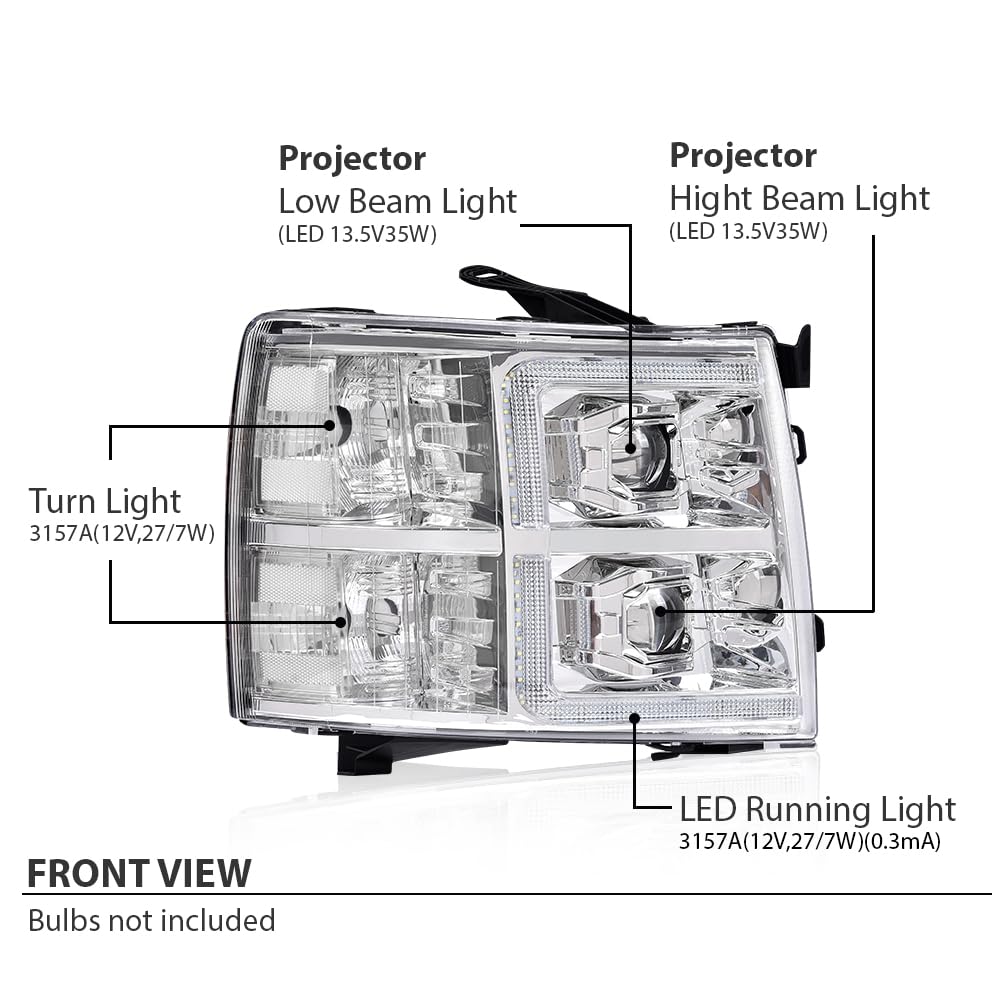 G-PLUS LED Tube Dual Projector Headlights Assembly,Fit Chevy Silverado 1500 2007-2013/Fit Silverado 2500 3500 & HD 2007-2014,Clear Lens Chrome Housing Clear Reflector,faros delanteros