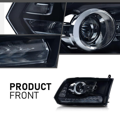 G-PLUS LED Projector Headlights Assembly,Compatible with 2009-2012 Dodge Ram 1500 2500 3500,Headlight Bar Plank Style Smoke Lens Black Housing Clear Reflector,Front Headlamp Left Right Pair