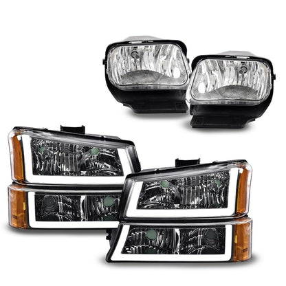 G-PLUS LED Left and Right Side Headlights Lamps Assembly & Fog Lights Fit Chevy Silverado Avalanche 2003-2006 1500 2500 3500 (Clear Lens Chrome Housing Amber Reflector Headlamps + Fog Lights)