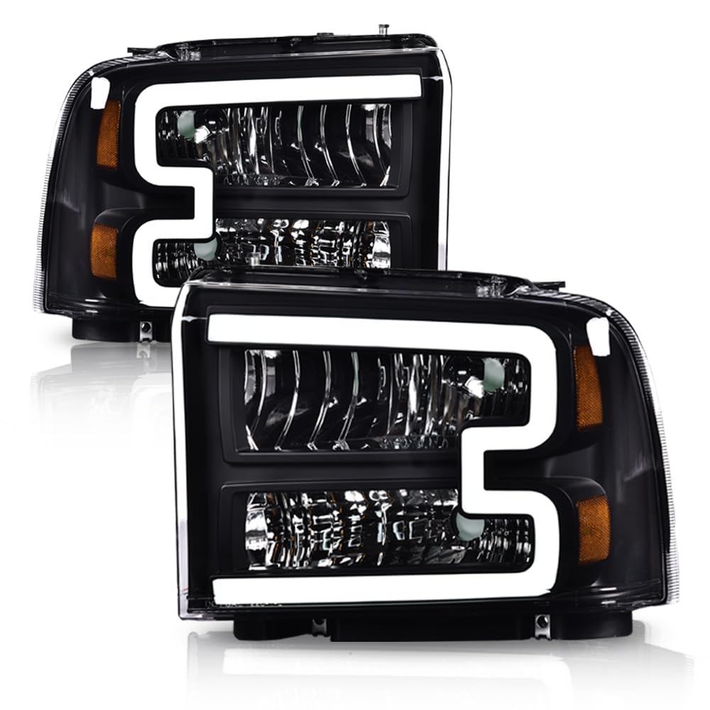 G-PLUS LED DRL Headlights, Compatible with 2005 2006 2007 Ford F250 F350 F450 F550 Super Duty Bumper Headlamps, Clear Lens Black Housing Amber Reflector
