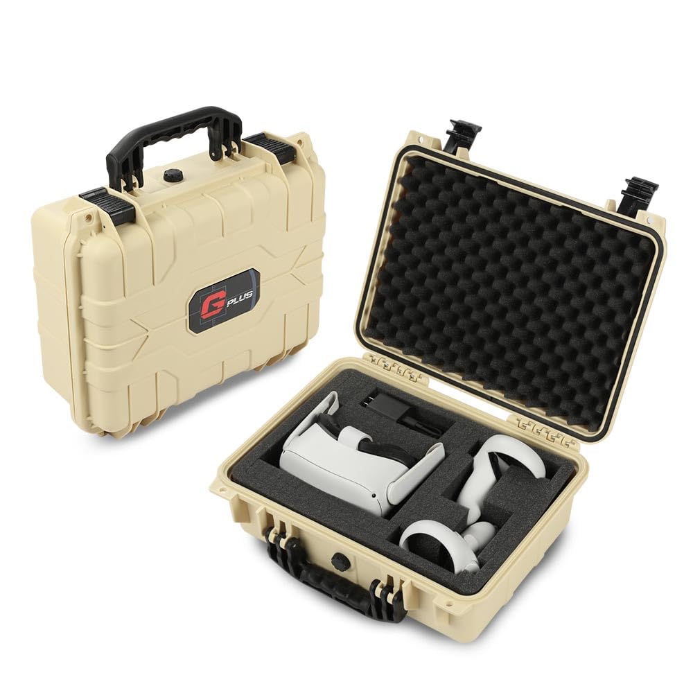 G-PLUS Hard VR Headset Carrying Case w/Foam Block Dividers,Waterproof Protector Storage Box Compatible with Meta Quest 3S/Quest 3/Quest 2,Travel Portable Case Fit Oculus Quest 3/Quest 2 Beige Color