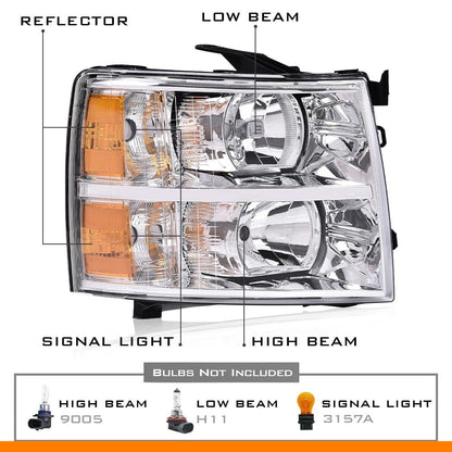 G-PLUS Headlight,Fit 2007-2013 Chevy Silverado 1500/Fit 2007-2014 Chevy Silverado 2500 3500 & HD,Right Side Headlamp Clear Lens Chrome Housing Amber ReflectorBumper Headlamps,faros delanteros