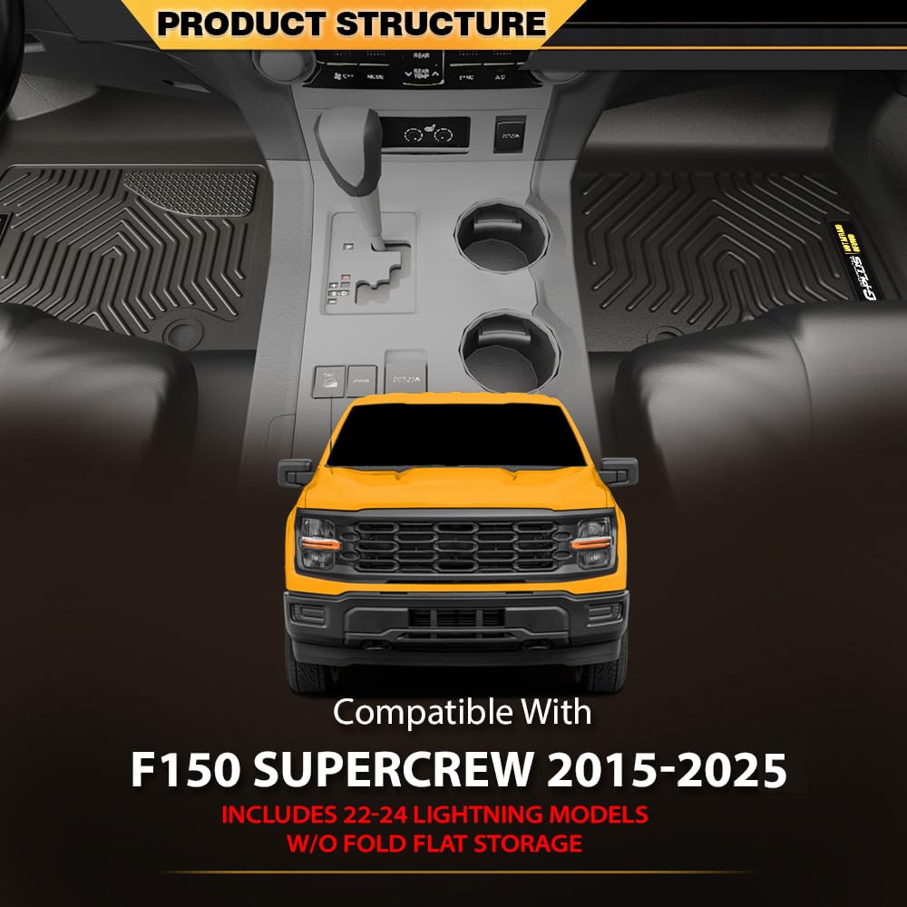 G-PLUS Cargo Liners,Compatible with 2015-2024 2025 Ford F150 Super Crew(Fit 22-24 Lightning Models),3PCS Black Non-Slip All Weather Full Cover Protection Floor Liners
