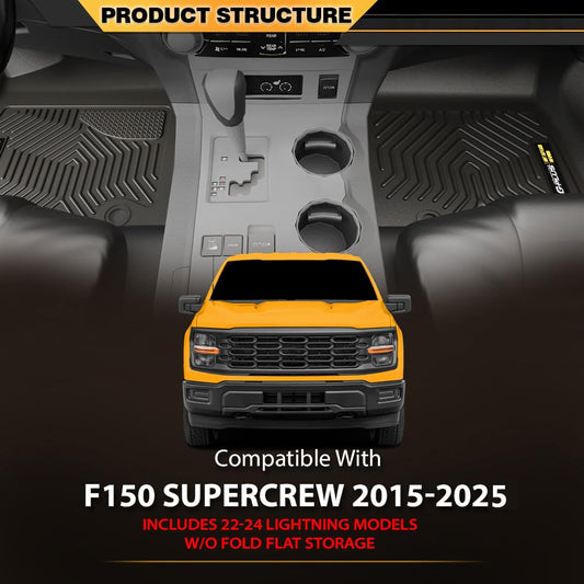 G-PLUS Cargo Liners,Compatible with 2015-2024 2025 Ford F150 Super Crew(Fit 22-24 Lightning Models),3PCS Black Non-Slip All Weather Full Cover Protection Floor Liners