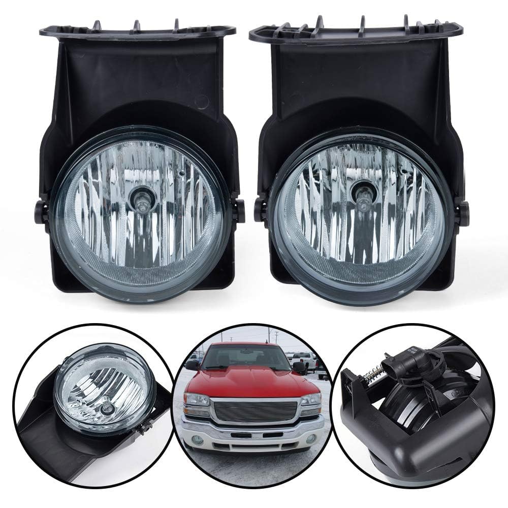 G-PLUS Pickup Bumper Fog Lights Lamps Left and Right Compatible with 2003 2004 2005 2006 GMC Sierra 1500 GM2592154, GM2593154, GM2593128 Smoky Lens
