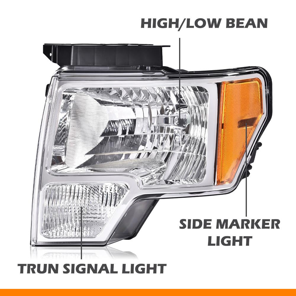 G-PLUS Headlights Assembly Compatible with Ford F150 2009-2014 Pair Left & Right Headlamps Assembly, Clear Lens Chrome Housing Amber Reflector, faros delanteros, DL3Z13008A DL3Z13008B
