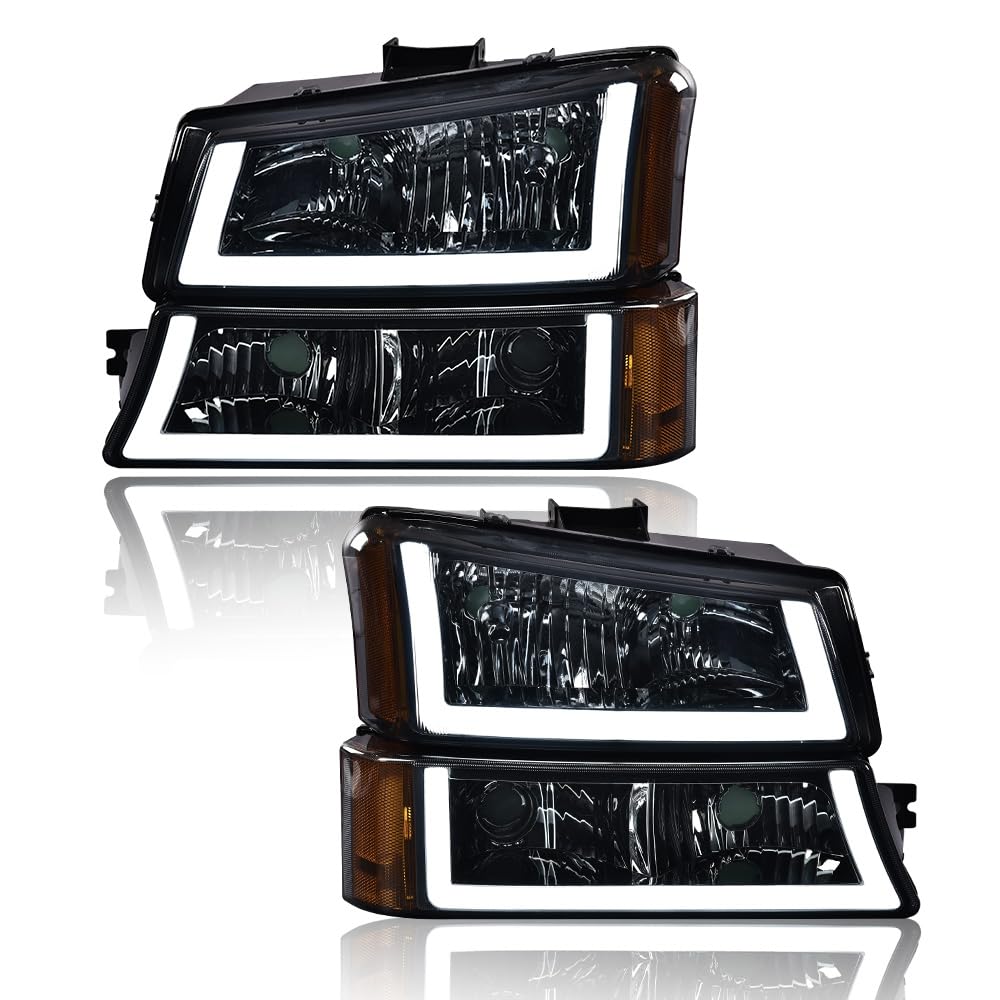G-PLUS Headlights Assembly Fit Chevy Avalanche/Silverado 1500 2500HD 3500 2003-2006/Fit Silverado 1500 2500 3500 Classic 2007,Smoky Lens Chrome Housing Amber ReflectorBumper Headlamps,faros delanteros